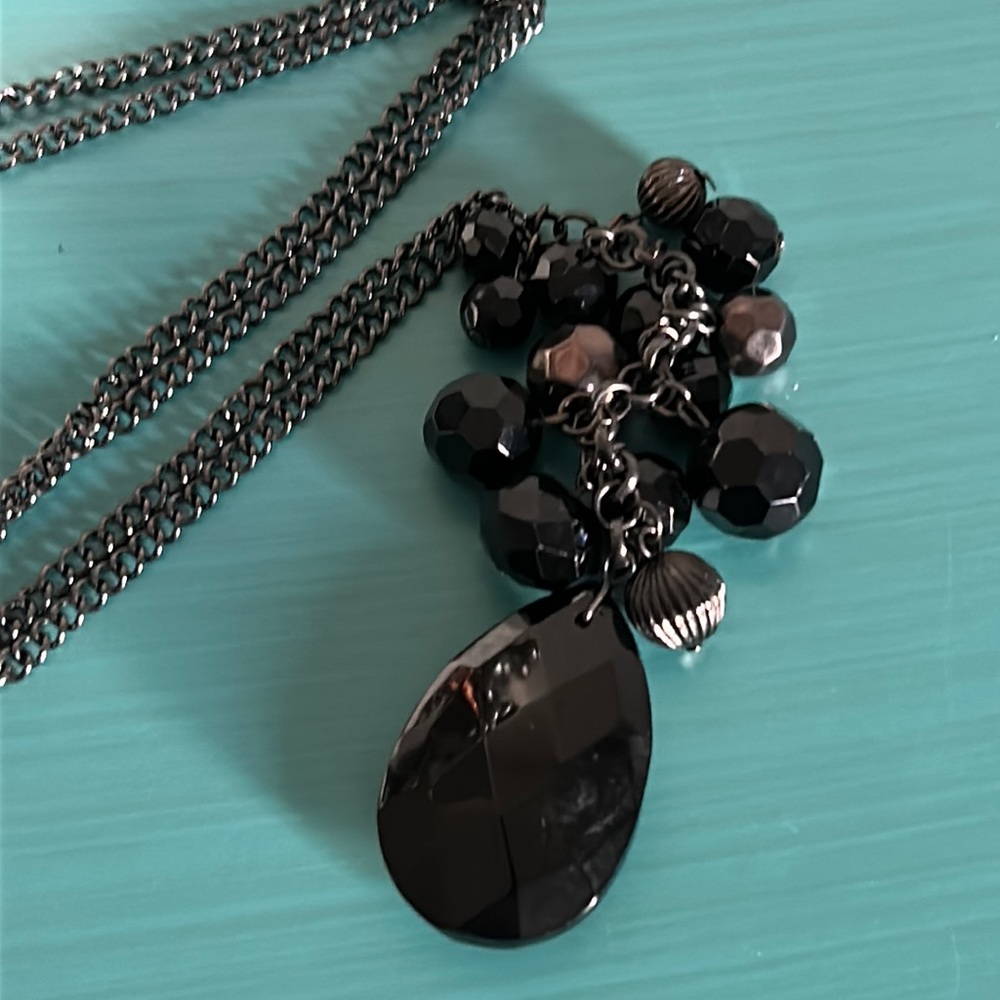 Statement Black Onyx and Gunmetal Colored Faceted Bead Centerpiece 32” Necklace